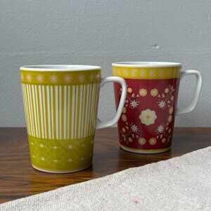 IKEA 2 Coffee Mugs 12289 Retro Style Yellow-Green Stripes Burgundy Red
